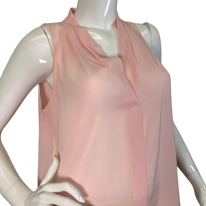 Load image into Gallery viewer, Vince Camuto Light Pink Sheer Sleeveless Blouse in a soft pastel pink color features a draped V-neckline with a relaxed, flowy fit - close-up view
