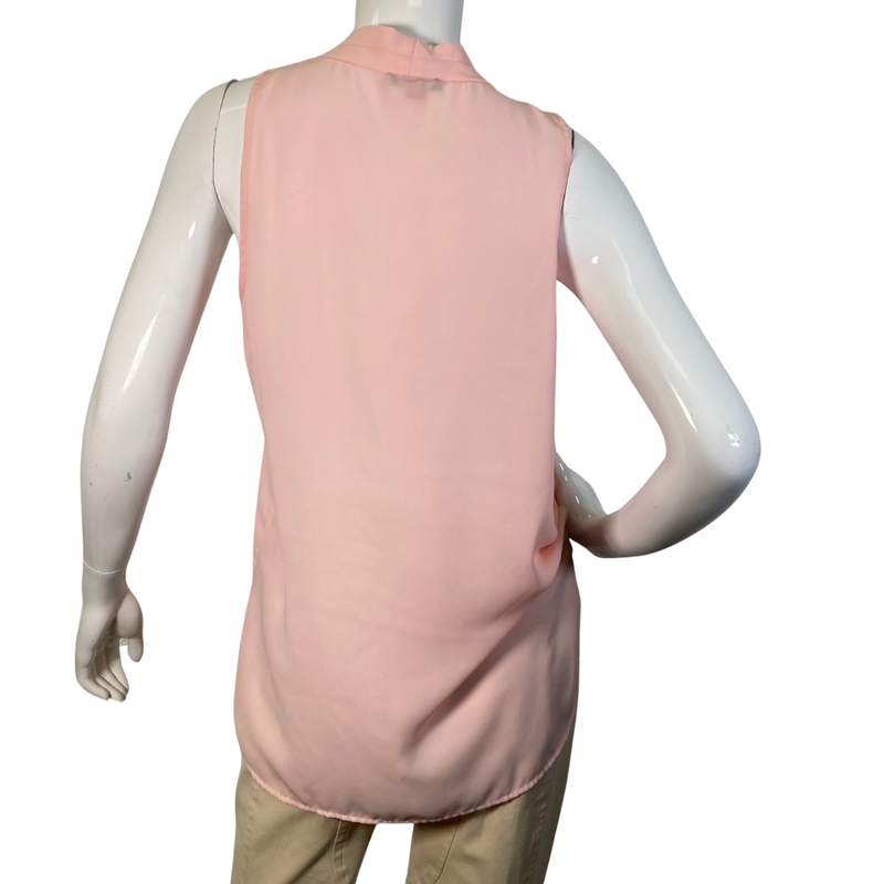 Load image into Gallery viewer, Vince Camuto Light Pink Sheer Sleeveless Blouse in a soft pastel pink color features a draped V-neckline with a relaxed, flowy fit - backside view
