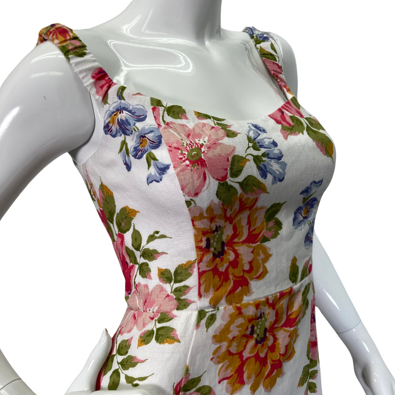 Load image into Gallery viewer, Sleeveless Reformation Colorful Floral Linien Mini Dress - side view close-up
