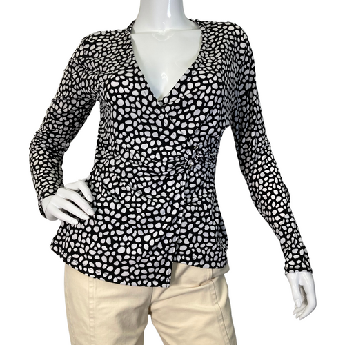 Tahari Black and White Polka Dot Blouse with black and white polka-dot print top featuring a flattering V-neckline - front view