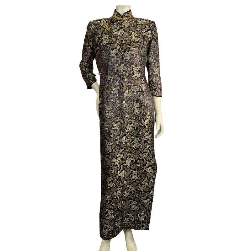 Load image into Gallery viewer, Vintage Gold Dragon Cheongsam on mannequin front view
