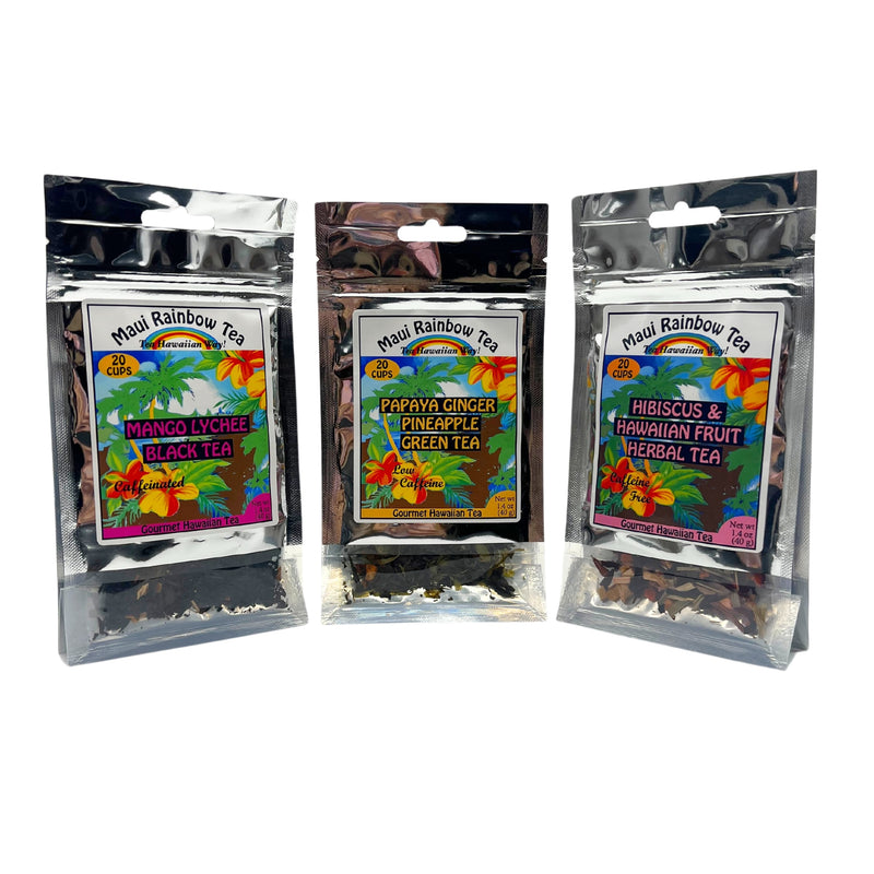 Load image into Gallery viewer, maui rainbow tea 3 pack bundle, hibiscus tea, mango lychee black tea, papaya ginger pineapple tea, fruity tea pack from a local hawaiian small business, women owned company
