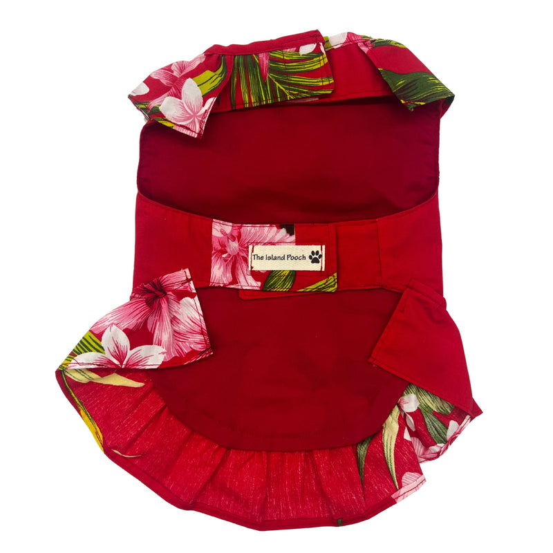 Load image into Gallery viewer, The Island Pooch Muumuu Dress for Pets full back view red hibisicus
