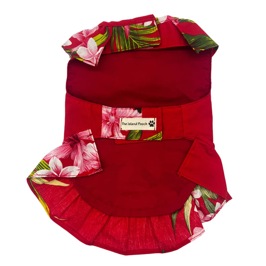 The Island Pooch Muumuu Dress for Pets full back view red hibisicus