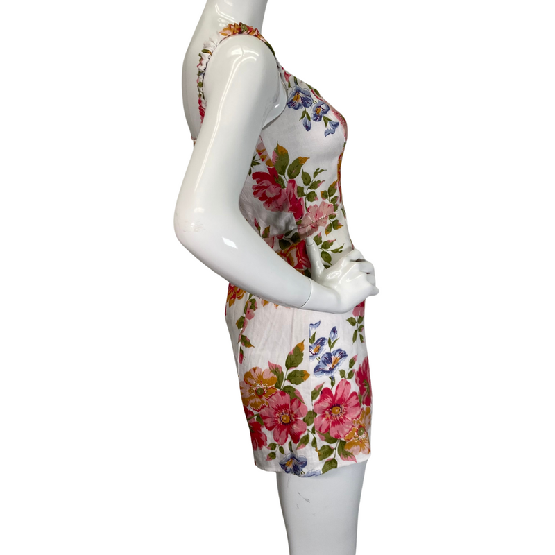 Load image into Gallery viewer, Sleeveless Reformation Colorful Floral Linien Mini Dress - side view
