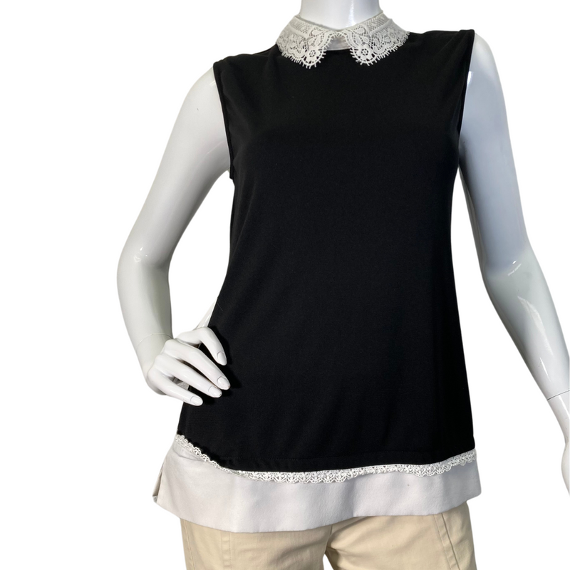 Load image into Gallery viewer, Karl Lagerfeld Black Blouse with Lace Neckline features a sleeveless black top with elegant white lace detailing - front view
