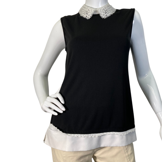 Karl Lagerfeld Black Blouse with Lace Neckline features a sleeveless black top with elegant white lace detailing - front view