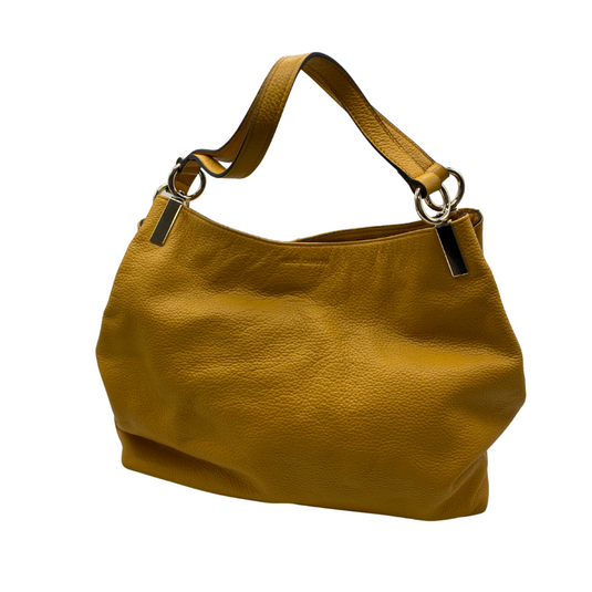 Vince Camuto Yellow Leather Hobo Bag is featuring a soft, pebbled leather texture and a relaxed, slouchy silhouette - front view