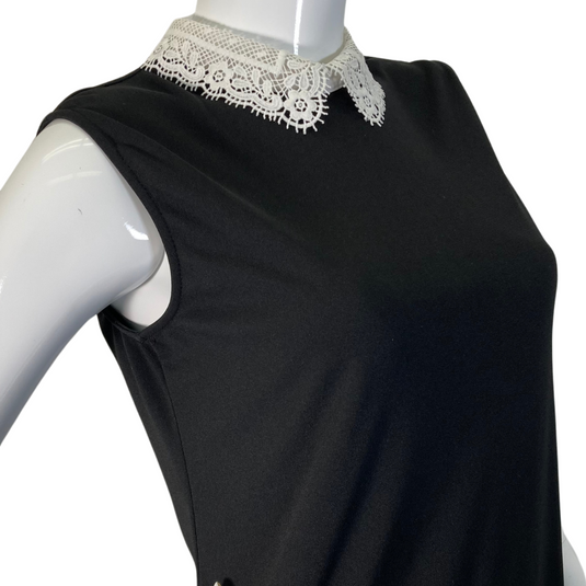 Karl Lagerfeld Black Blouse with Lace Neckline features a sleeveless black top with elegant white lace detailing - close up view of neck lace 