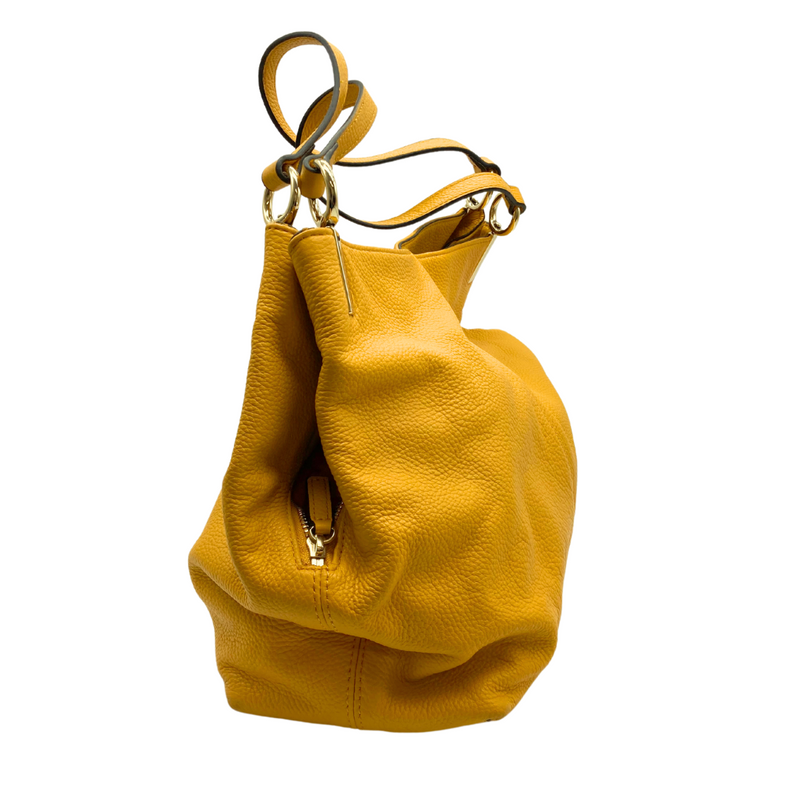 Load image into Gallery viewer,  Vince Camuto Yellow Leather Hobo Bag is featuring a soft, pebbled leather texture and a relaxed, slouchy silhouette. 
