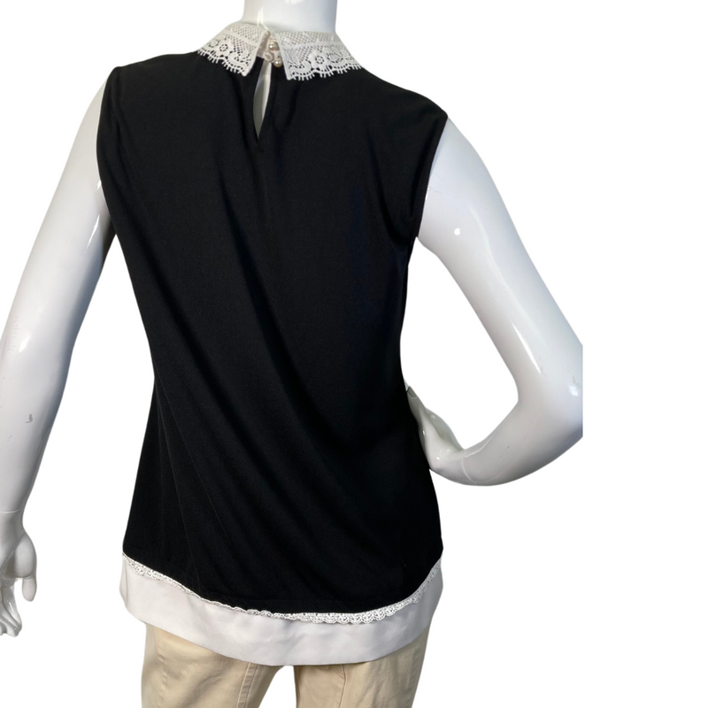 Load image into Gallery viewer, Karl Lagerfeld Black Blouse with Lace Neckline features a sleeveless black top with elegant white lace detailing - backside view
