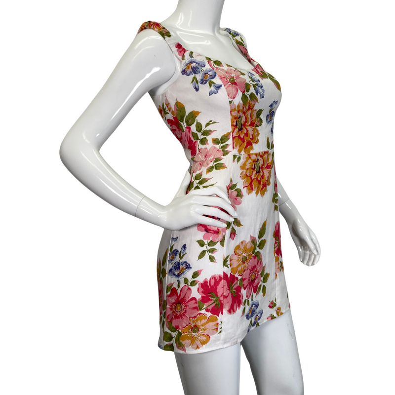 Load image into Gallery viewer, Sleeveless Reformation Colorful Floral Linien Mini Dress - side view
