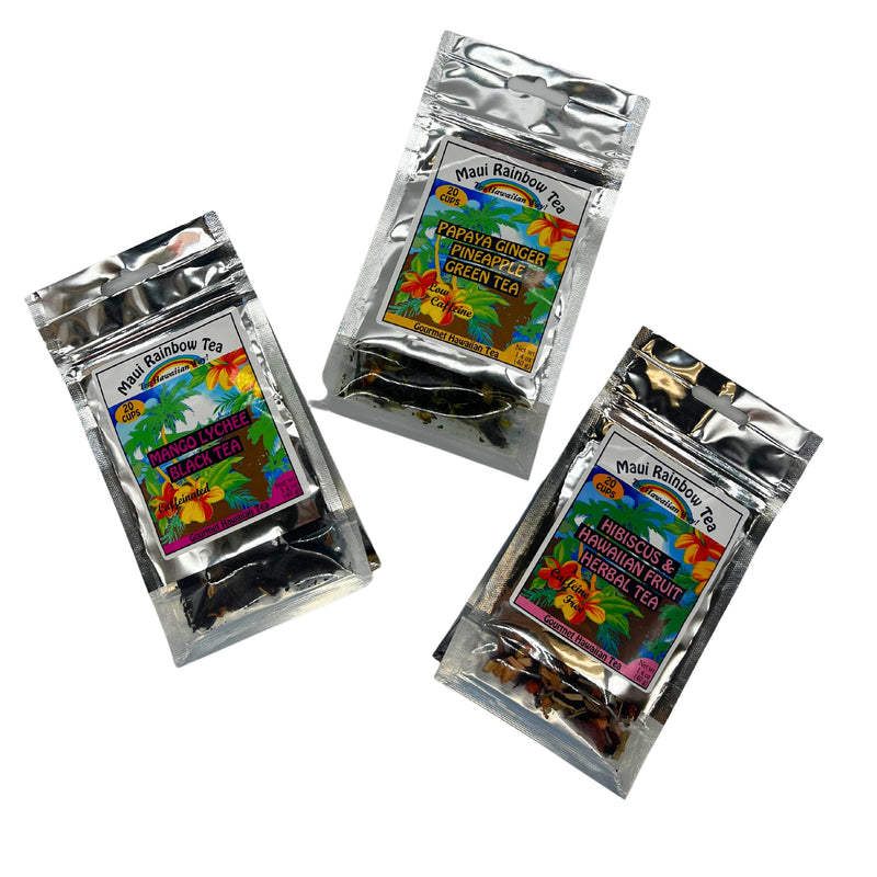 Load image into Gallery viewer, maui rainbow tea 3 pack bundle, hibiscus tea, mango lychee black tea, papaya ginger pineapple tea, fruity tea pack from a local hawaiian small business, women owned company
