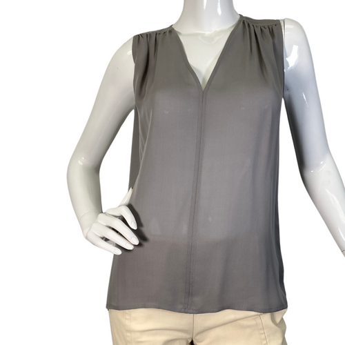 Vince Light Grey Blouse is a sleek, sleeveless gray blouse with a V-neckline and subtle pleating at the shoulders for added elegance - full front view