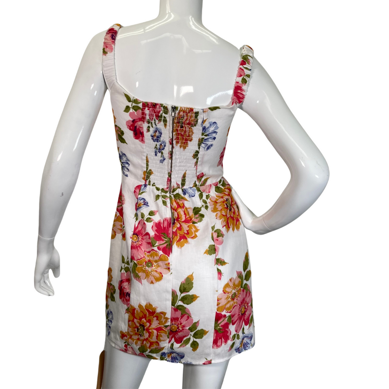 Load image into Gallery viewer, Sleeveless Reformation Colorful Floral Linien Mini Dress - black side view
