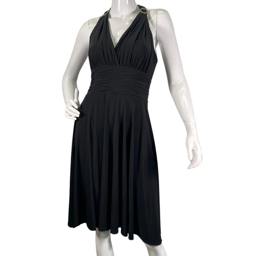 Evan Picone Black Dress with Elastic Waist is a knee-length halter dress, featuring a plunging V-neckline and ruched detailing along the bodice for a flattering fit - front view