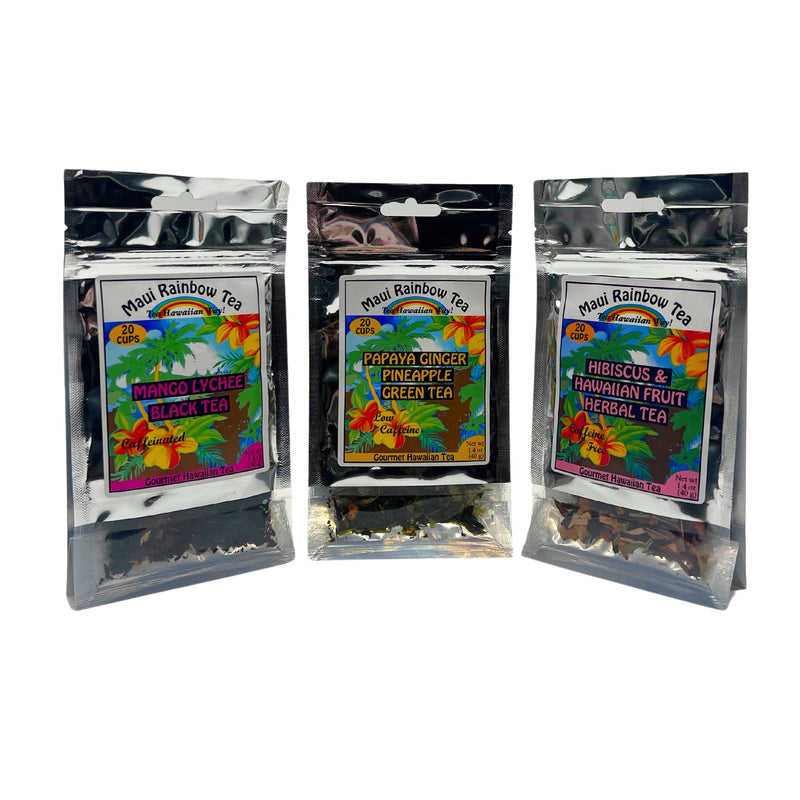 Load image into Gallery viewer, maui rainbow tea 3 pack bundle, hibiscus tea, mango lychee black tea, papaya ginger pineapple tea, fruity tea pack from a local hawaiian small business, women owned company
