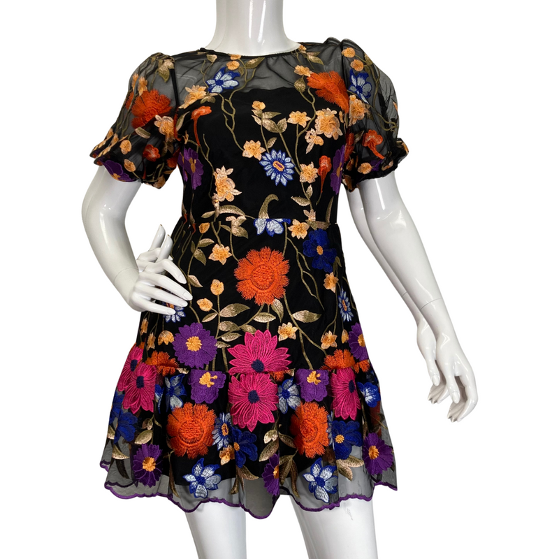 Load image into Gallery viewer, Milly Black Overlay Dress with Colorful Floral Embroidery front view
