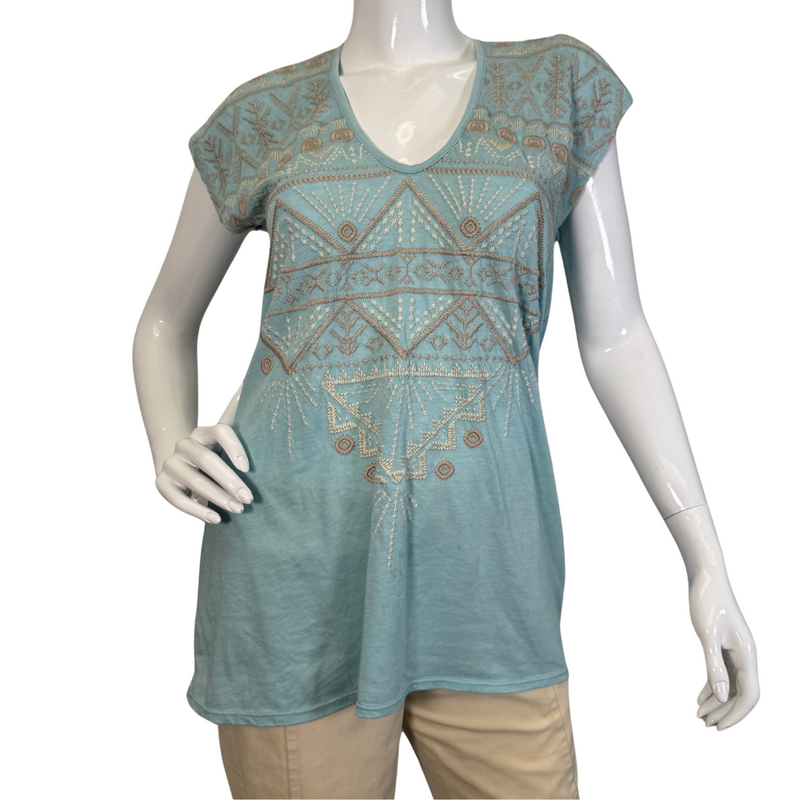 Load image into Gallery viewer, Johnny Was Light Blue Blouse with Embroidery has a relaxed, flowy fit and a V-neckline - front view
