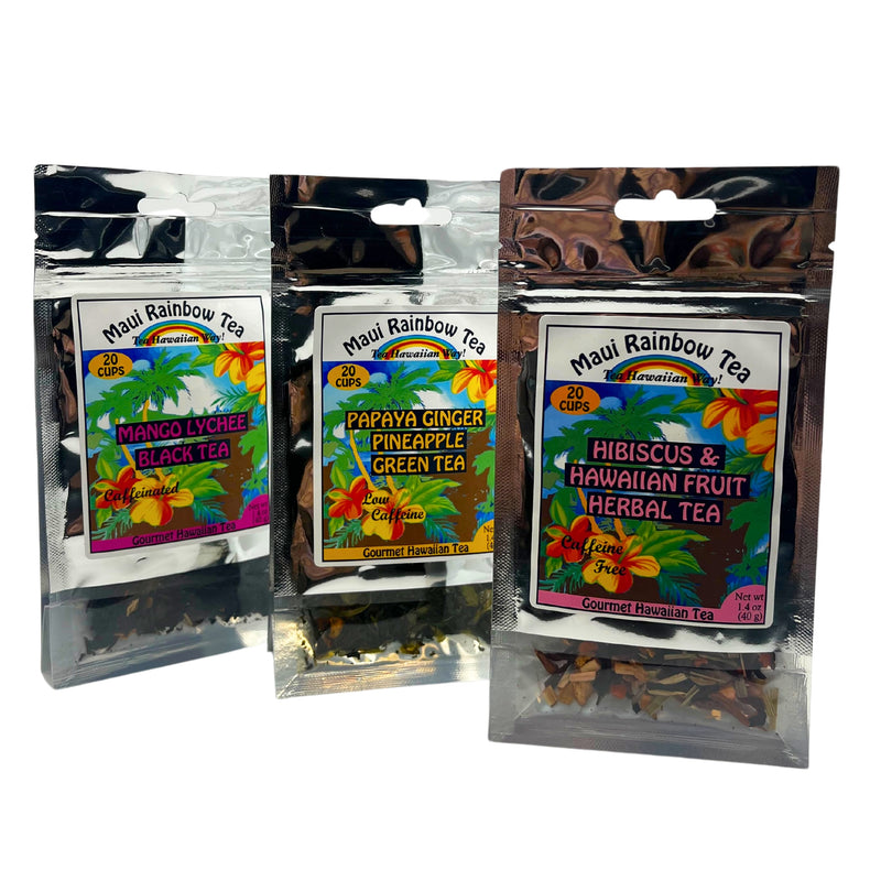 Load image into Gallery viewer, maui rainbow tea 3 pack bundle, hibiscus tea, mango lychee black tea, papaya ginger pineapple tea, fruity tea pack from a local hawaiian small business, women owned company
