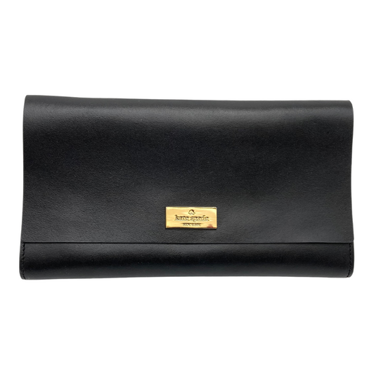 Kate Spade Sleek Black Clutch with Turquoise Blue Interior features a sleek black exterior with a gold-tone metal logo plate on the front - front view