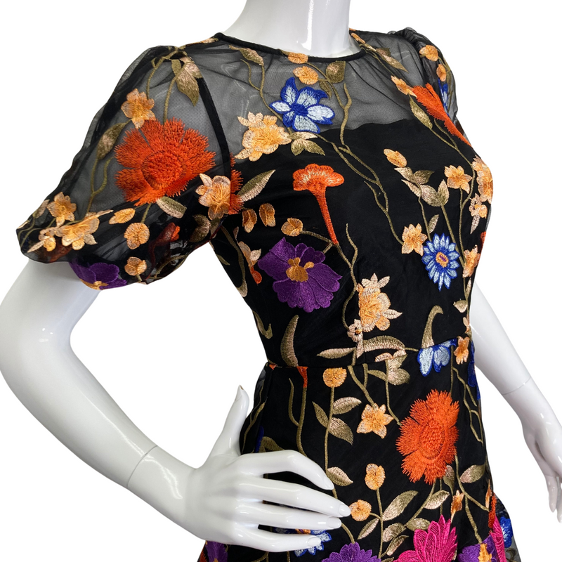 Load image into Gallery viewer, Milly Black Overlay Dress with Colorful Floral Embroidery side view close-up
