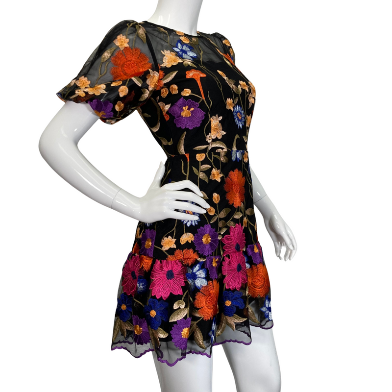 Load image into Gallery viewer, Milly Black Overlay Dress with Colorful Floral Embroidery - side view
