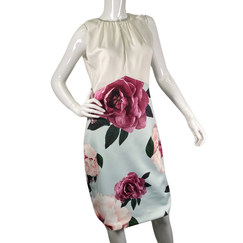 Ted Baker Elegant Dress in White and Baby Blue with Delicate Roses is knee-length sheath dress featuring a sophisticated design - front view