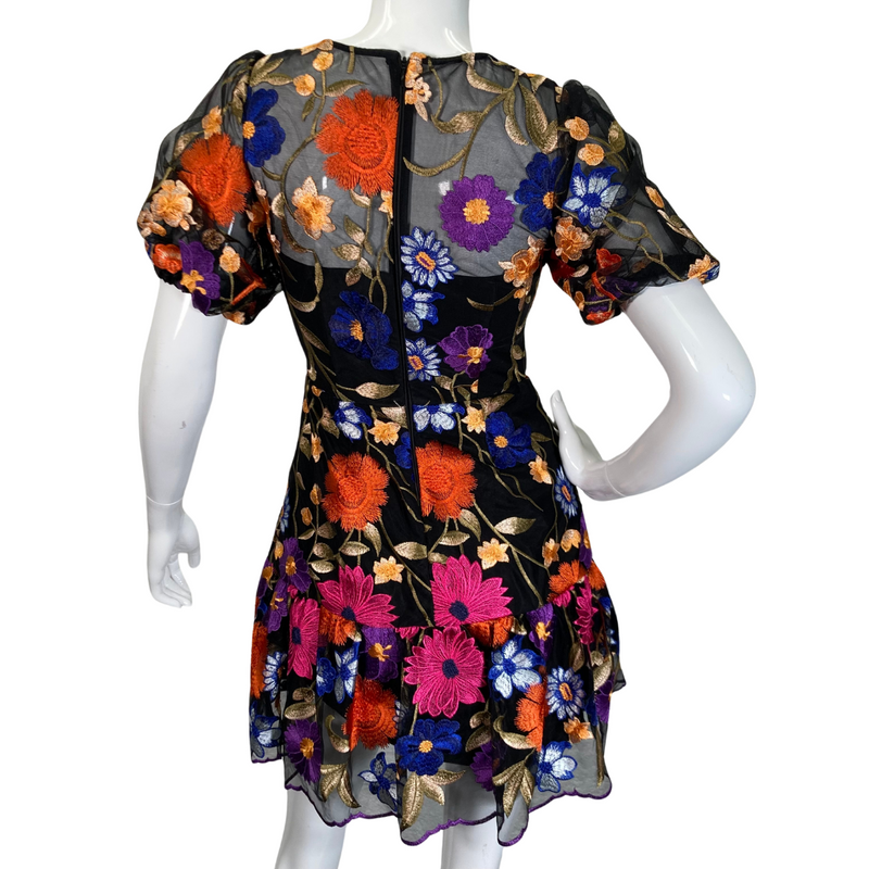 Load image into Gallery viewer, Milly Black Overlay Dress with Colorful Floral Embroidery backside view 
