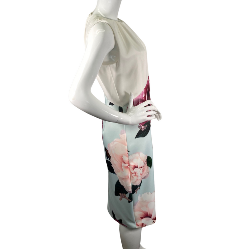 Load image into Gallery viewer, Ted Baker Elegant Dress in White and Baby Blue with Delicate Roses is knee-length sheath dress featuring a sophisticated design - side view
