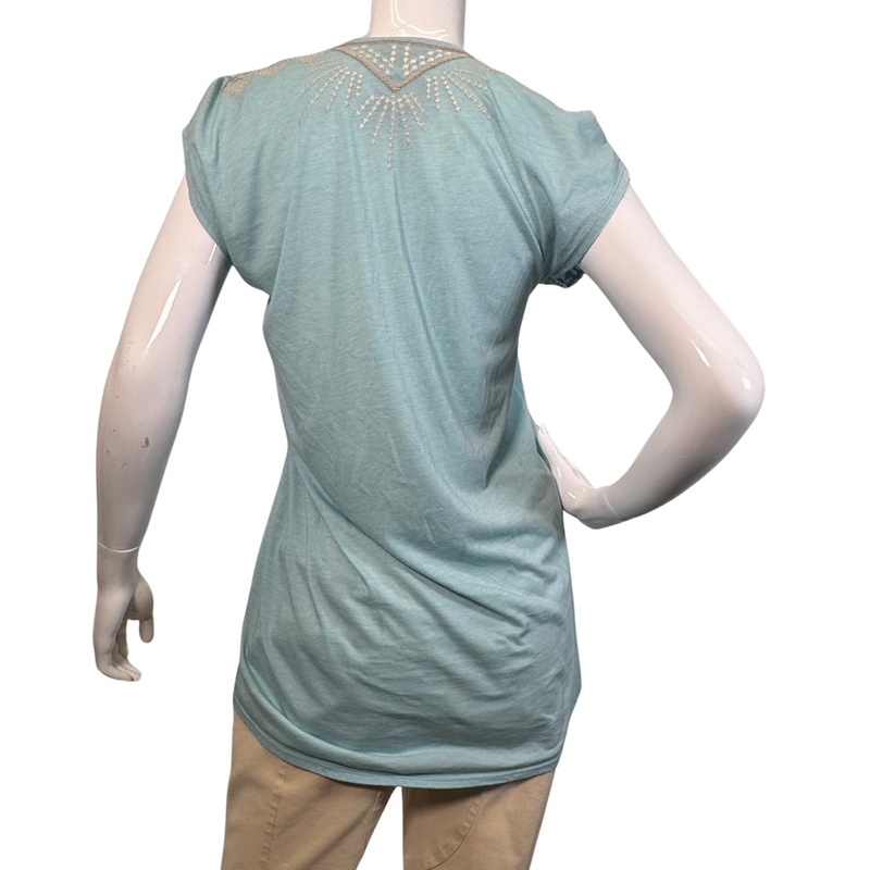 Load image into Gallery viewer, Johnny Was Light Blue Blouse with Embroidery has a relaxed, flowy fit and a V-neckline - backside view
