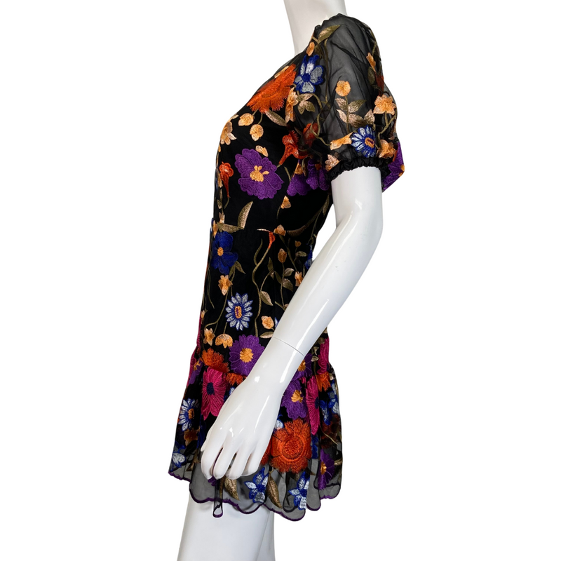 Load image into Gallery viewer, Milly Black Overlay Dress with Colorful Floral Embroidery - side view
