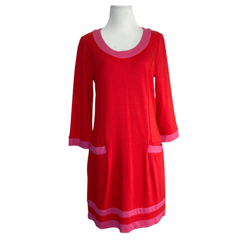 Boden Red and Pink Shift Dress on mannequin front view