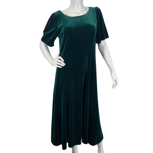 T & L Muumuu Factory Green Velvet Dress is a sophisticated midi dress made from luxurious emerald green velvet - front view