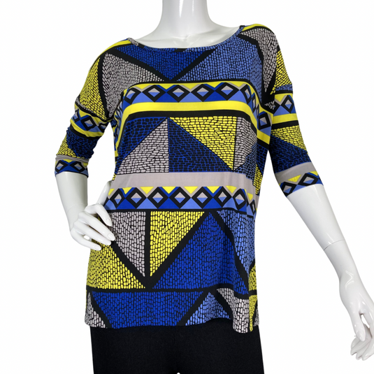 A bold, geometric-patterned donated Tori Richard Neon Yellow and Blue Top with a mix of bright colors front view