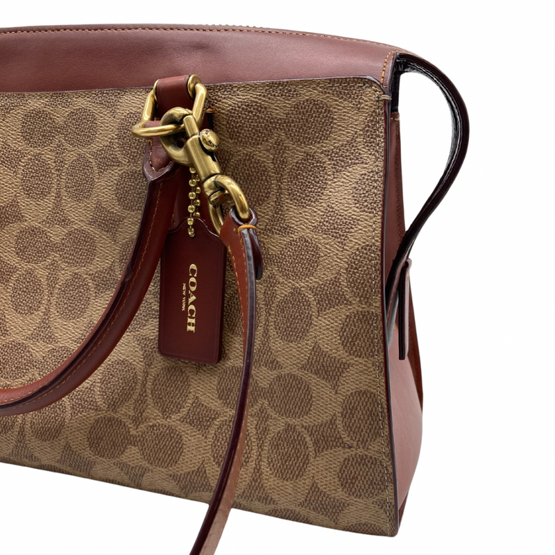 Load image into Gallery viewer, Coach Monogram Brown Leather Handbag close up
