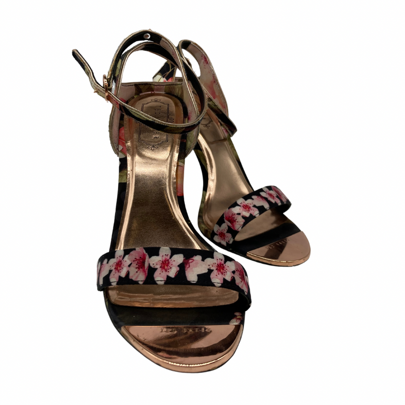 Load image into Gallery viewer, Ted Baker Floral-Print Heels with Metallic Gold Detailing
