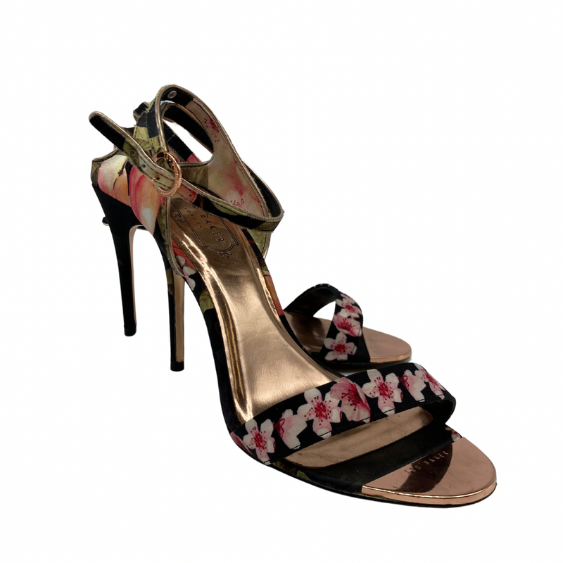 Load image into Gallery viewer, Ted Baker Floral-Print Heels with Metallic Gold Detailing
