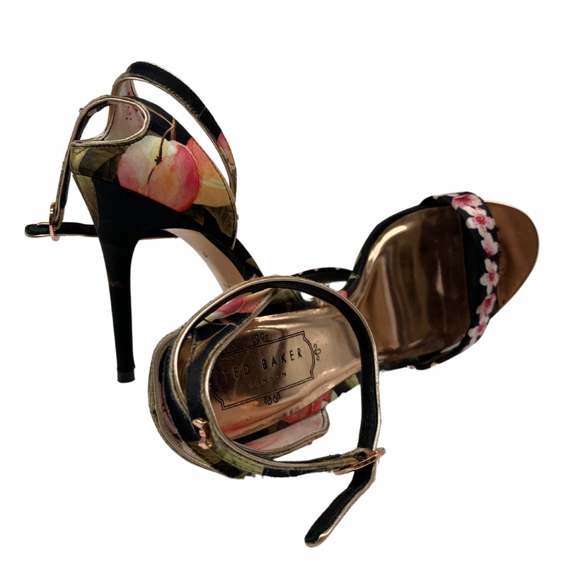 Load image into Gallery viewer, Ted Baker Floral-Print Heels with Metallic Gold Detailing
