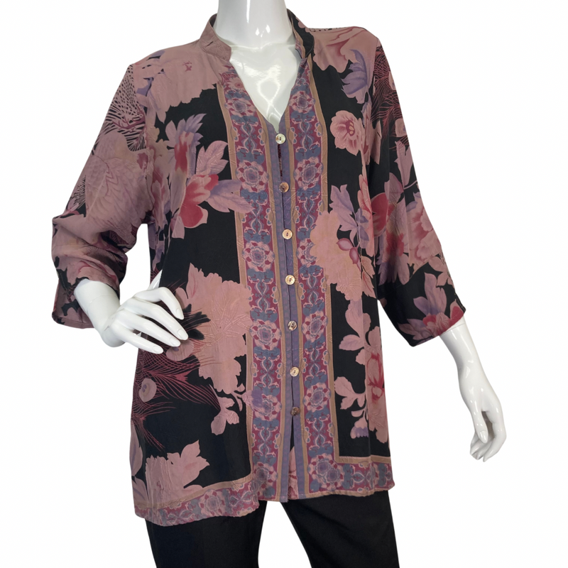 Load image into Gallery viewer, Citron Stylish Purple Flowers Blouse features a floral pattern in shades of pink, purple, and black - front view
