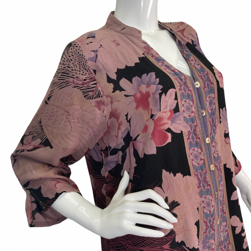 Load image into Gallery viewer, Citron Stylish Purple Flowers Blouse features a floral pattern in shades of pink, purple, and black - close-up view
