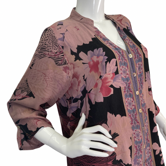 Citron Stylish Purple Flowers Blouse features a floral pattern in shades of pink, purple, and black - close-up view