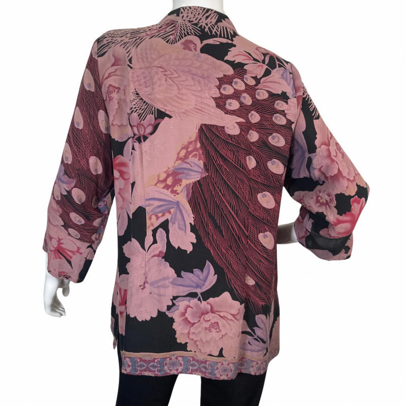 Load image into Gallery viewer, Citron Stylish Purple Flowers Blouse features a floral pattern in shades of pink, purple, and black - backside view
