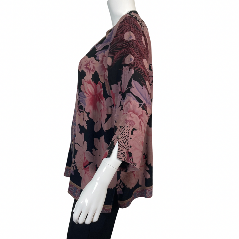 Load image into Gallery viewer, Citron Stylish Purple Flowers Blouse features a floral pattern in shades of pink, purple, and black - side view
