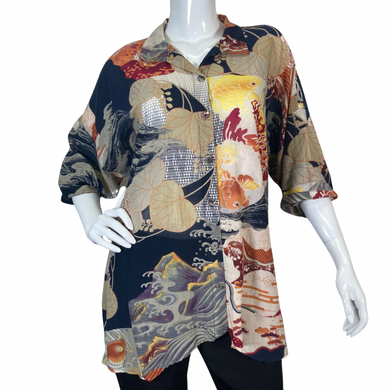 Citron Artistic Waves and Fish Blouse features a striking mix of traditional Japanese-inspired motifs - front view