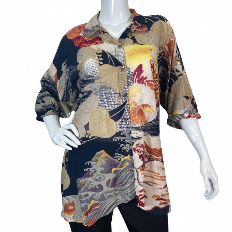 Load image into Gallery viewer, Citron Artistic Waves and Fish Blouse features a striking mix of traditional Japanese-inspired motifs - front view
