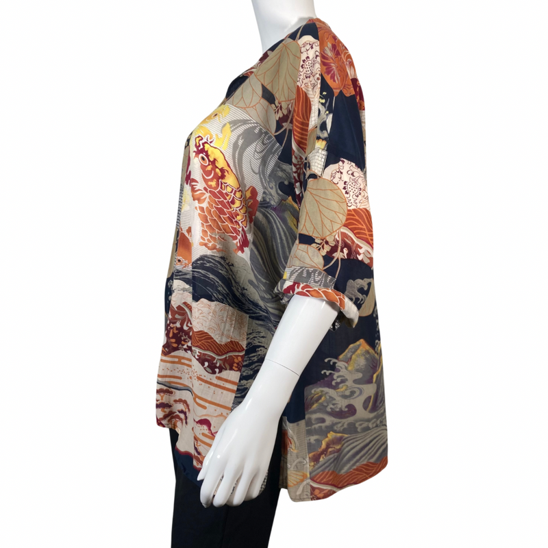 Load image into Gallery viewer, Citron Artistic Waves and Fish Blouse features a striking mix of traditional Japanese-inspired motifs - side view
