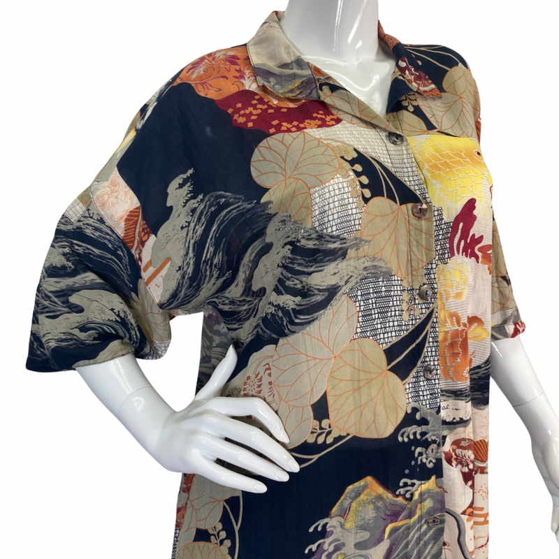 Load image into Gallery viewer, Citron Artistic Waves and Fish Blouse features a striking mix of traditional Japanese-inspired motifs - closeup view
