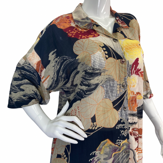 Citron Artistic Waves and Fish Blouse features a striking mix of traditional Japanese-inspired motifs - closeup view