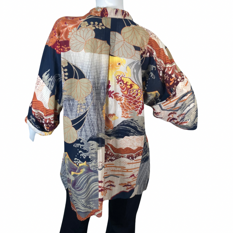 Load image into Gallery viewer, Citron Artistic Waves and Fish Blouse features a striking mix of traditional Japanese-inspired motifs - backside view
